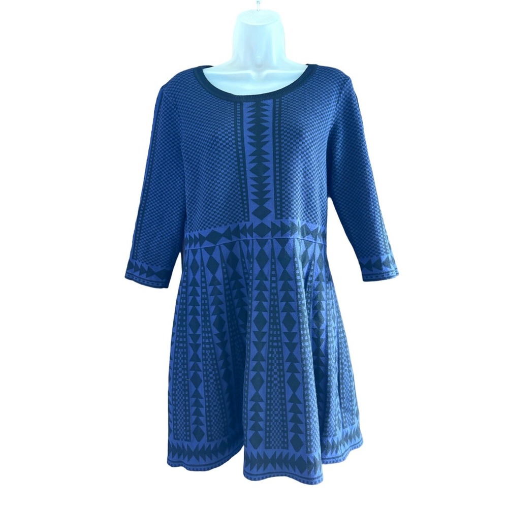 Nina Leonard‎ Sweater Dress Womens L Blue Black Geometric Aztec Boho Artsy Fairy - Picture 2 of 11